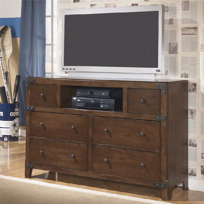 Ashley  Delburne 6 Drawer Wood Media Double Dresser In Brown