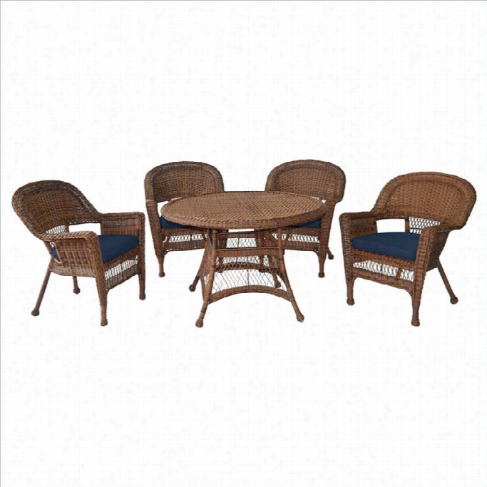 Jeco 5 Piece Wiccker Atio Dining Set In Honey And Blue