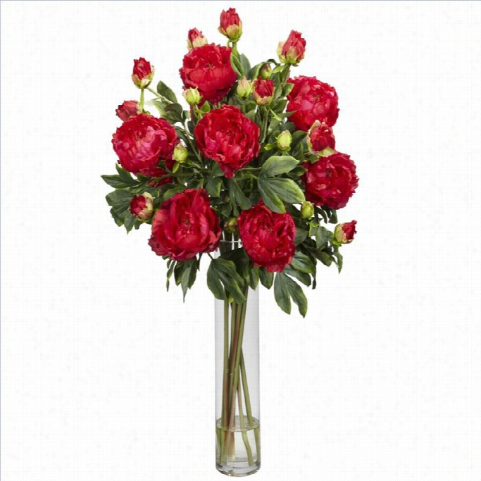 Nearly Natural Peony With Cylinder Silk Flower Arrangement In Red