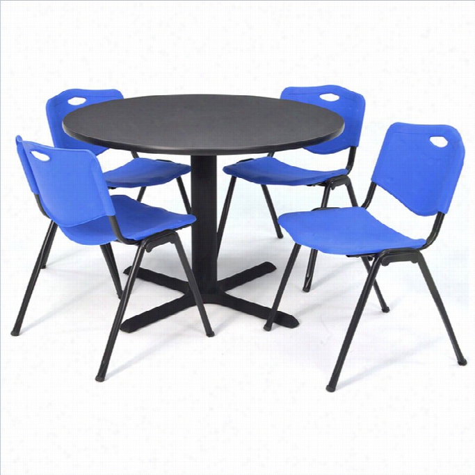 Regency Round Table With 4 M Stack Chairs In Grey And Blue-30 Inch