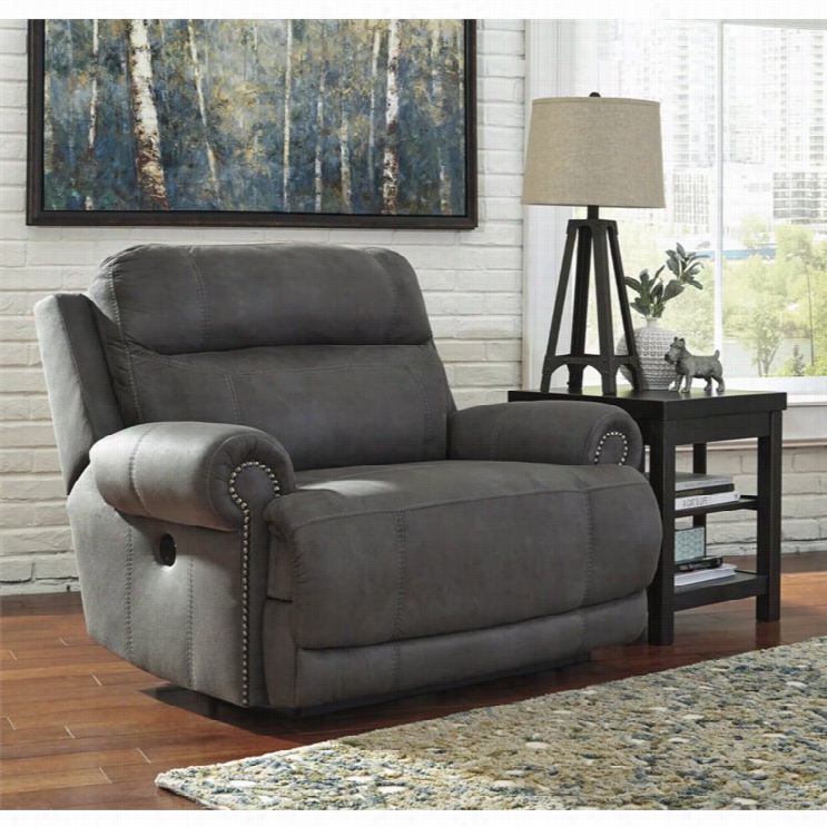 Ashley Austere Fauux Leather Power Zero Wall Wide Recliner In Gray