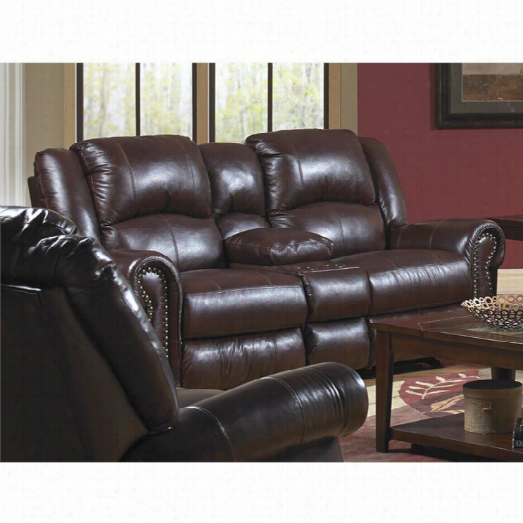 Catnapper Livingston Leather Dual Gliding Console Loveseat In Redwood