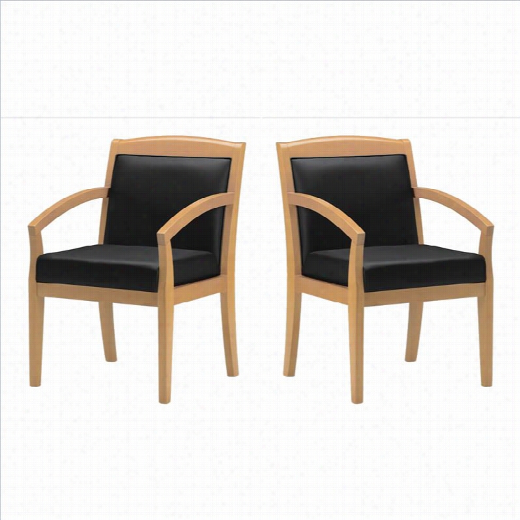 Mayline Mercado Genuine Black Leather  Se At & Solid Maple Wood Frame Guest Chair (set Of 2)