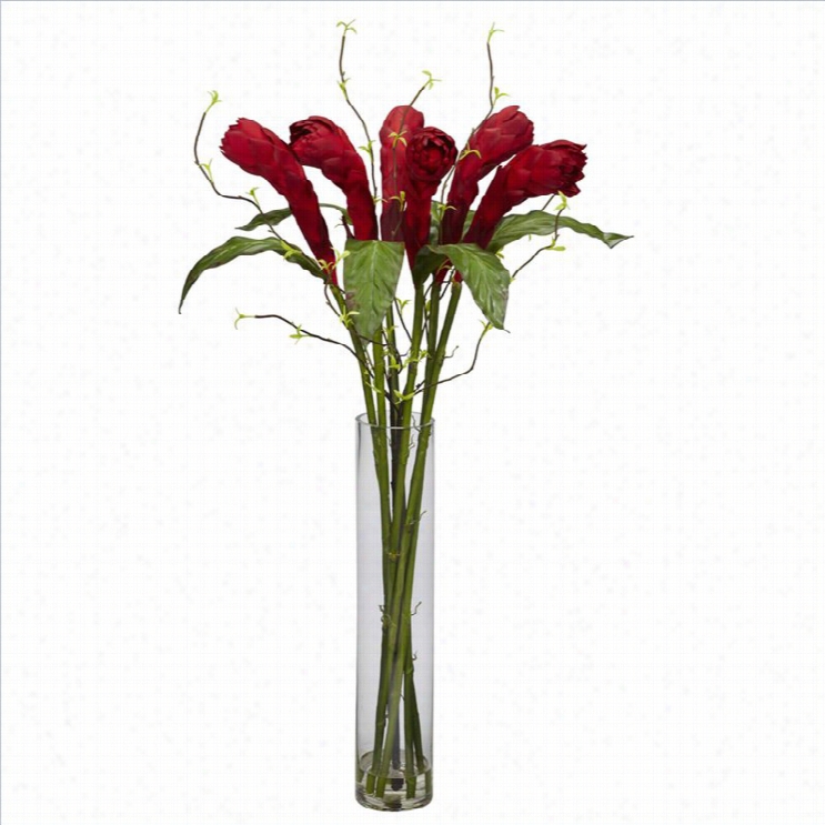 Nearly Nathral Ginger With Cylinder Vase Silk Flower Arrangement In  Red