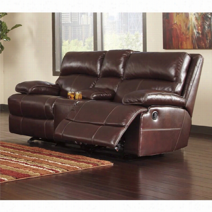 Ashley Lensar Leather Glider Reclining Console Loveseat In Burgundy