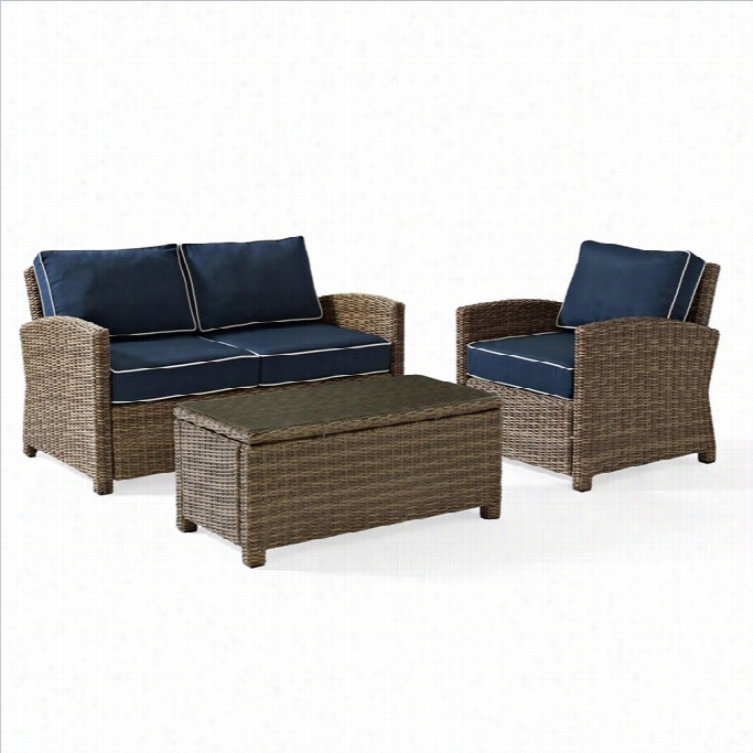 Crosley Bradenton 3 Piece Outdoor Wicker Seating Set With Navy Cushions