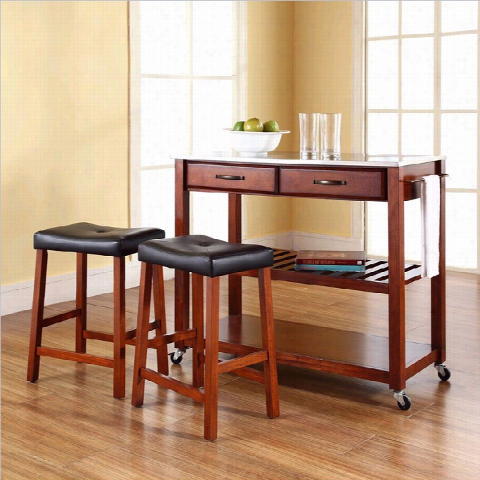 Crosley Furn Iture Stainless Steel Top Kitchen Cart/is Land With Stools In Classic Cherry