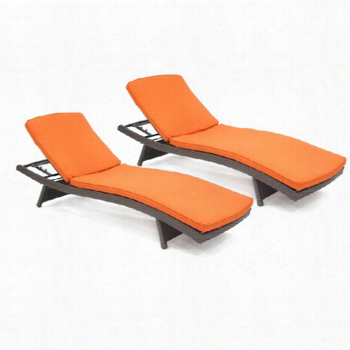 Jeco Wicker Adjustable Chaise Lounger In Espresso With Brick Orange Cushion (set Of 2)