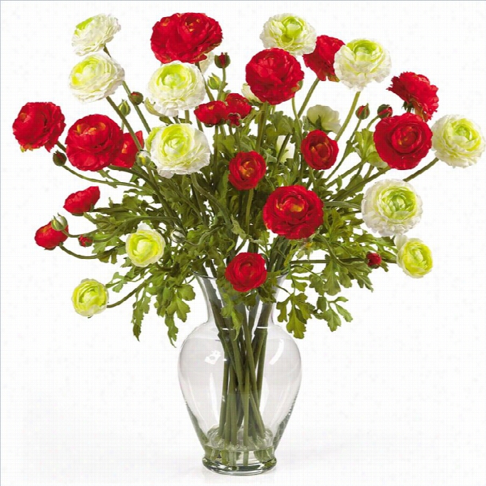 Neraly Natural Ranunculus Liqujd Illusion Silk Flower Arrang Ement Inred And White