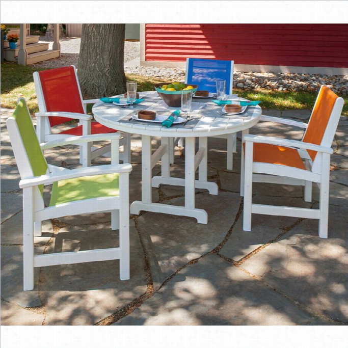 Polywood Coastal 5 Piece Wood Patio Dining Set In White