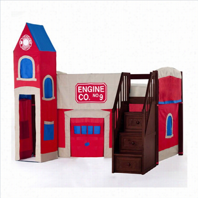 Ne Kids School House Firehouse Loft Bed With Stairs In Cheerry