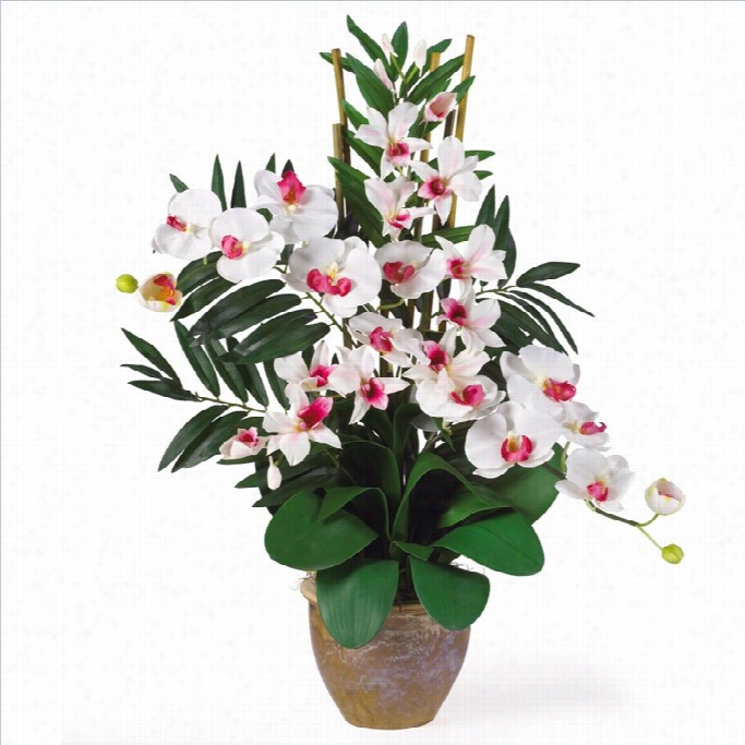 Nearly Naturla Double Phal And Dendrobium  Silk Flower Arrangement In White