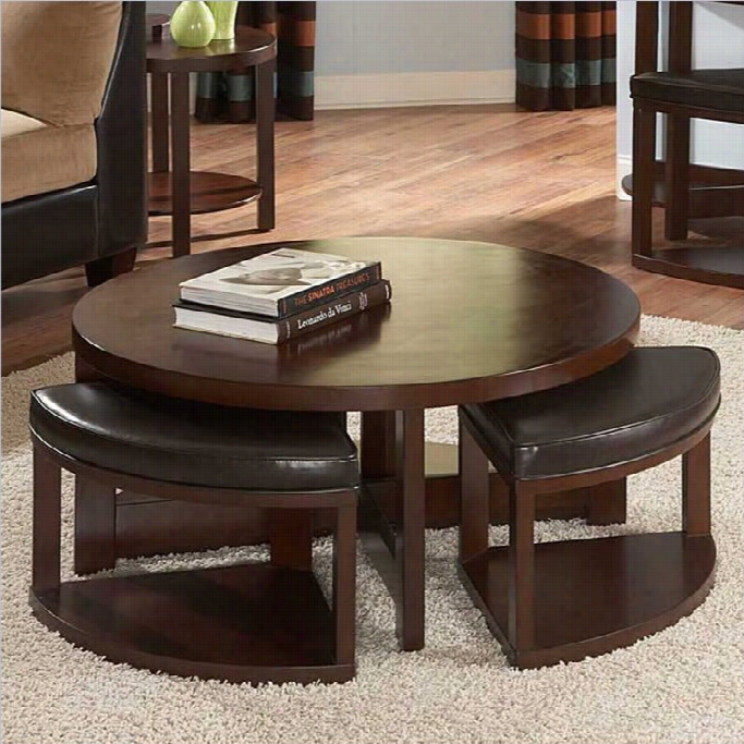 Ternt Home Brussel Ii Round Cocktail Table With 4 Ottomans In Cherry