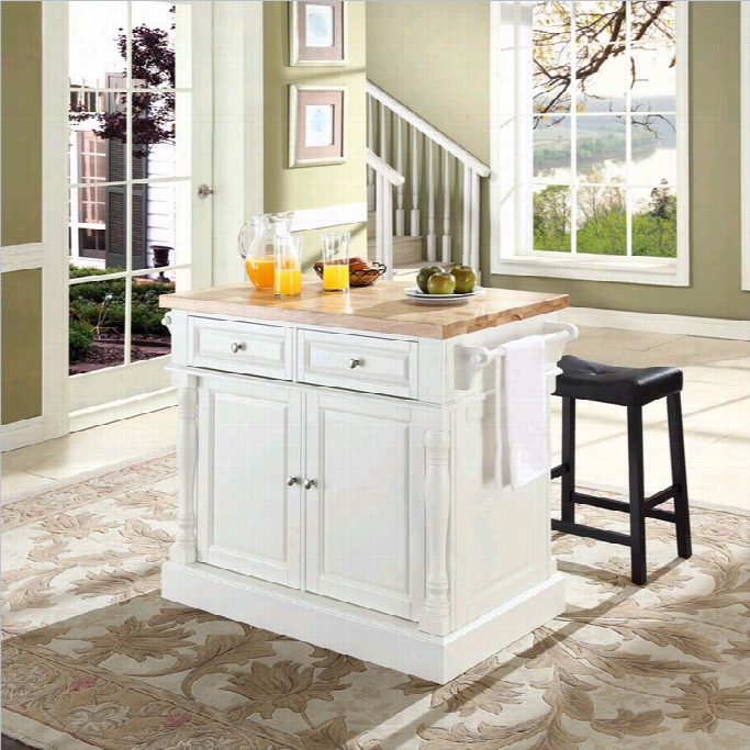 Crosley Oxford Butcher Block Top Kitchen Island In White With 2 Stools