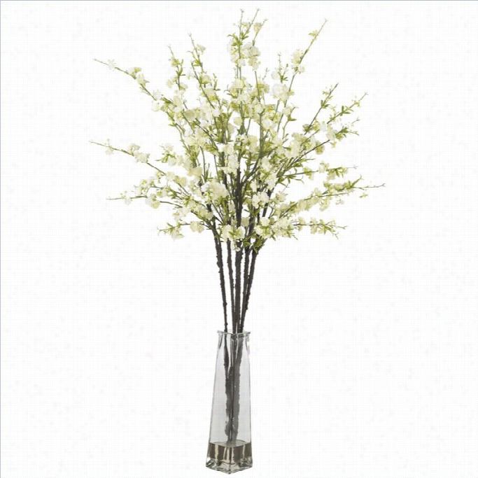 Nearly Natural Cherry Blossoms With Vase  Silk Flower Arrangement In White