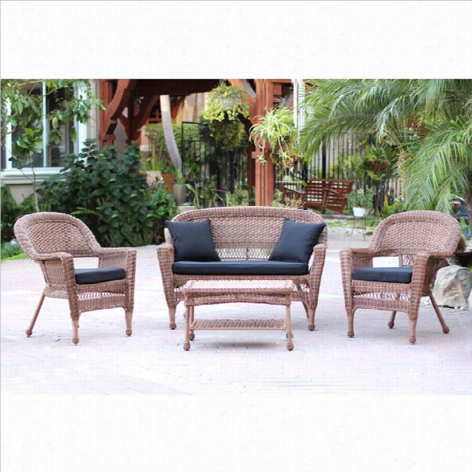 Jeco 4pc Wicker Convesratio  Set In  Honey With Black Cushions