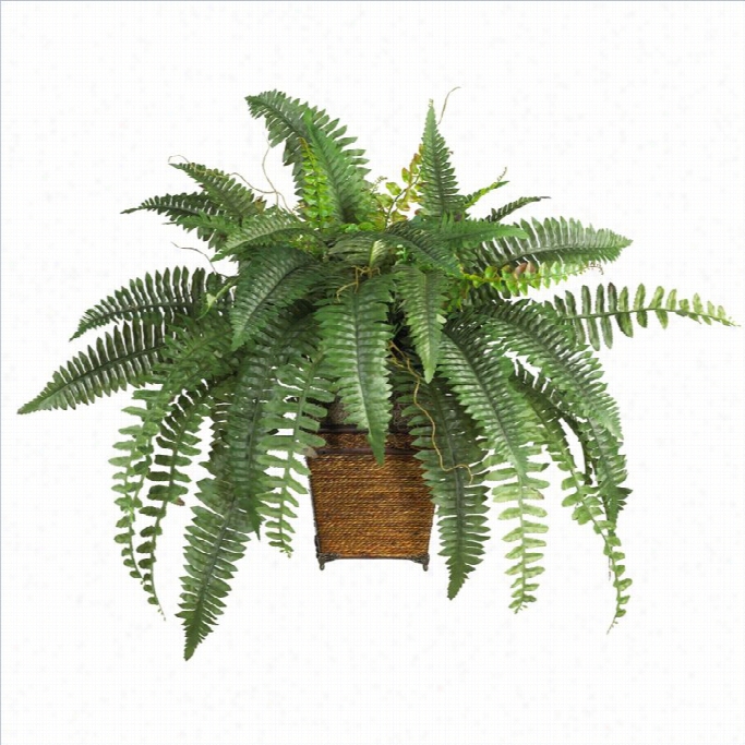 Nearly Natural Boston Fern With Wicker Baset Silk Plant In Green