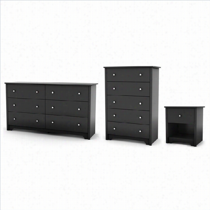 South Shore Breakwater Dresser With Chest And Nightstand Set In Pure Blac