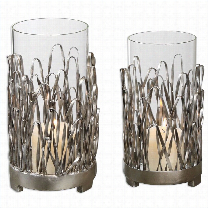 Uttermost Corrbis Hand Forged Metal Candle Holders In Silver (set Of 2)