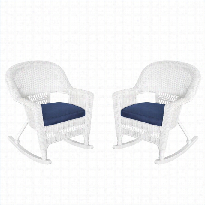 Jeco Rocker Wicker Chair In White With Blue Cushion (set Of 2)