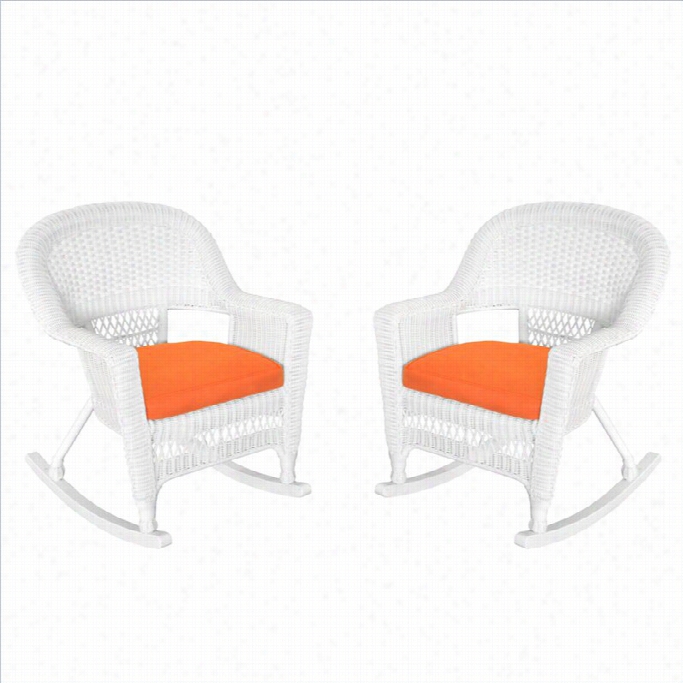 Jeco Rocker Wicker Chair In White With Orange Cushion (set Of 2)