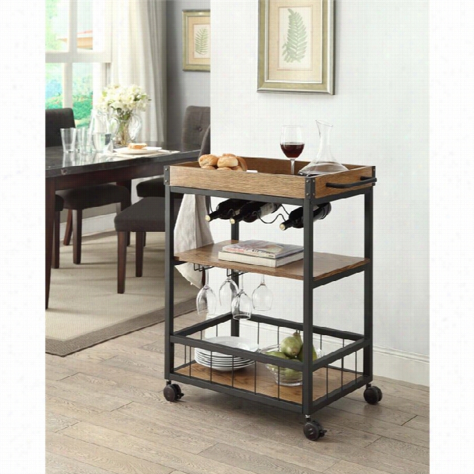 Linon Austin Kitchen Cart In Black With Wood Planked Top