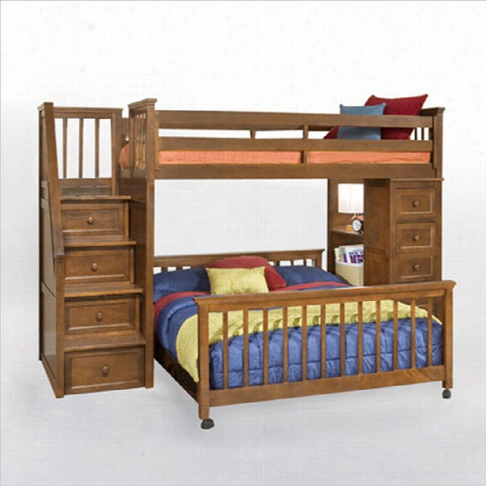 Ne Kids School House Stair Loft Bed With Chest End In Peecan