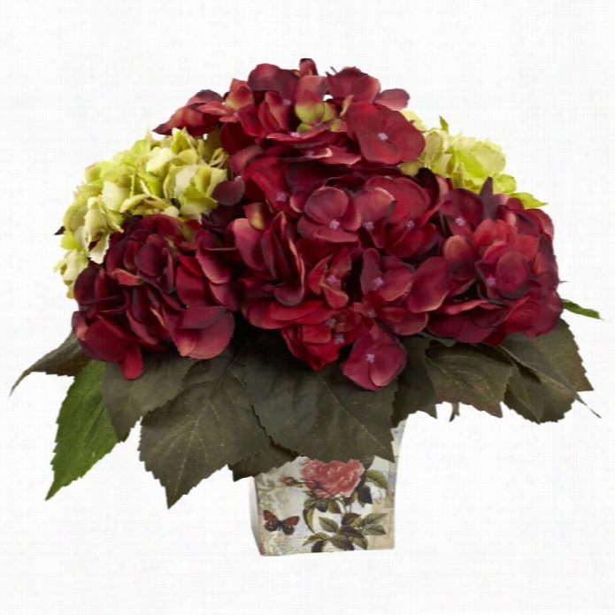 Nearly Natural Grreen And Burgundy Hydrangea Arrangement