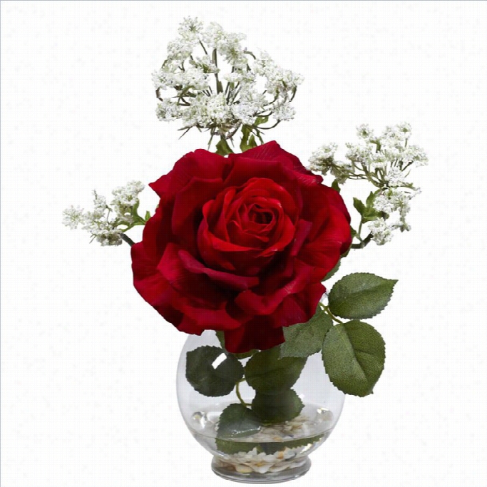 Nearly Natural Rose And Gypso With Fluted Vase Silk Flowwer Aarrangement In Red