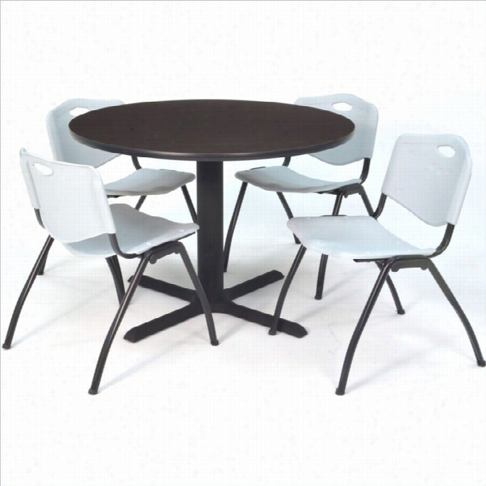 Regency Round Lunch Table And 4 Grey M Stack Chairs In Mocha Walnut
