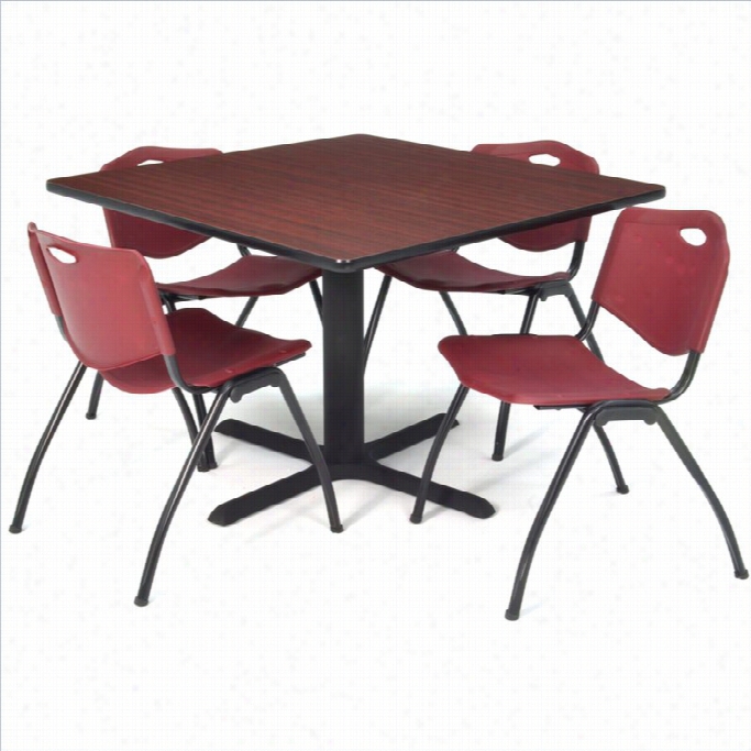 Regebcy Square Lunch Table And 4 Burgundy M Stack Chairs In Mahogany