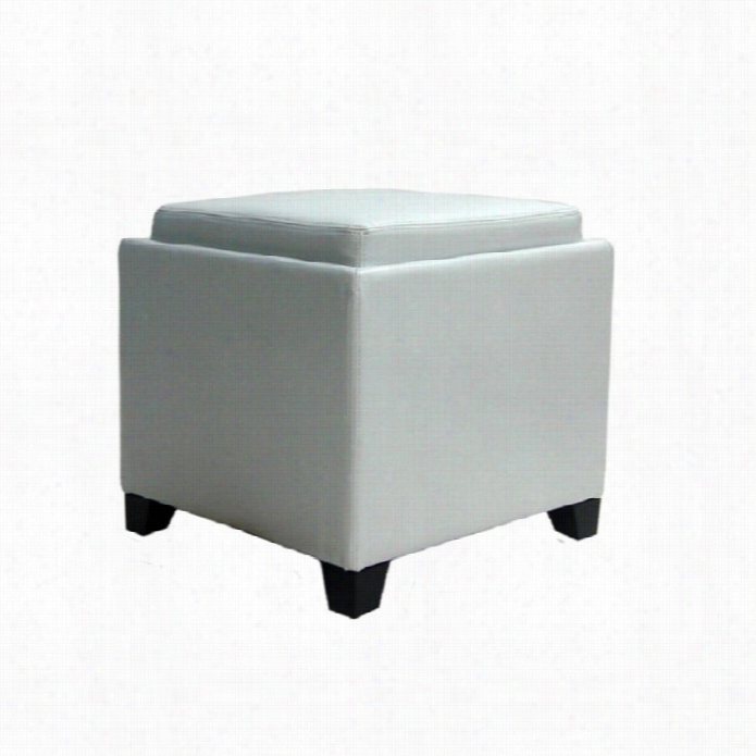Armen Living Contemporary Leather Storgae Ottoman  With Tray In White