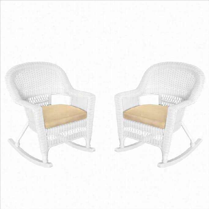 Jeco Rocker Wickeer Chair In White With Tan Cushion (set Of 2)