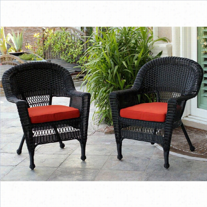 Jeco Wicker Chair In Black With Red Orange Cushion