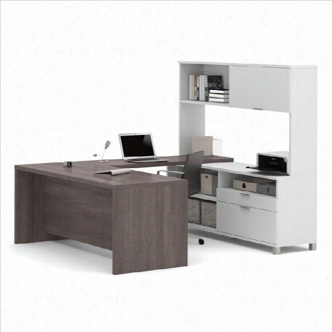 Bestar Pro-linea U-desk With Hutch In Whote And Bark Greyy