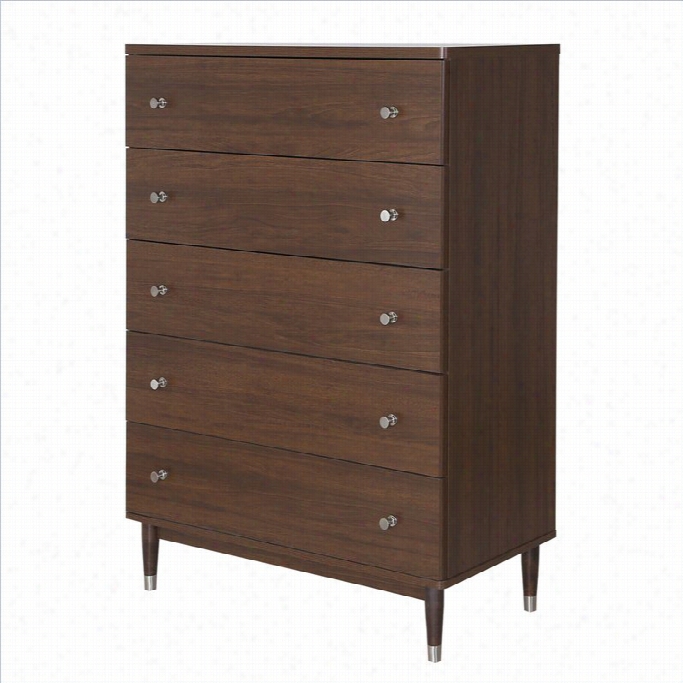 South Shore Olly Mid Century Mode Rn 5 Drawer Chhest In Brown Walnut