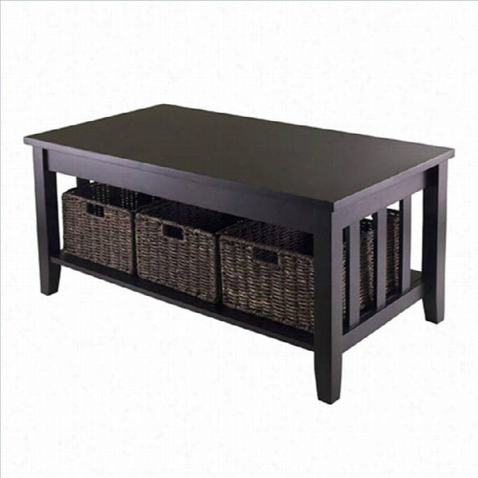 Winsome Morris Coffee Table With Three Folsable Baskets In Espresso