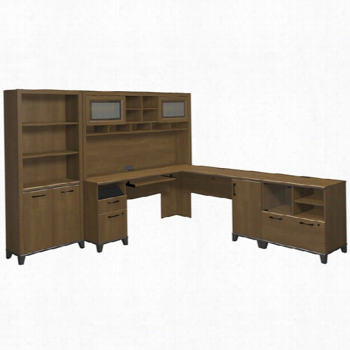 Bush Achieve 4 Piece L Shape Desk Offfice Set In Warm Oak
