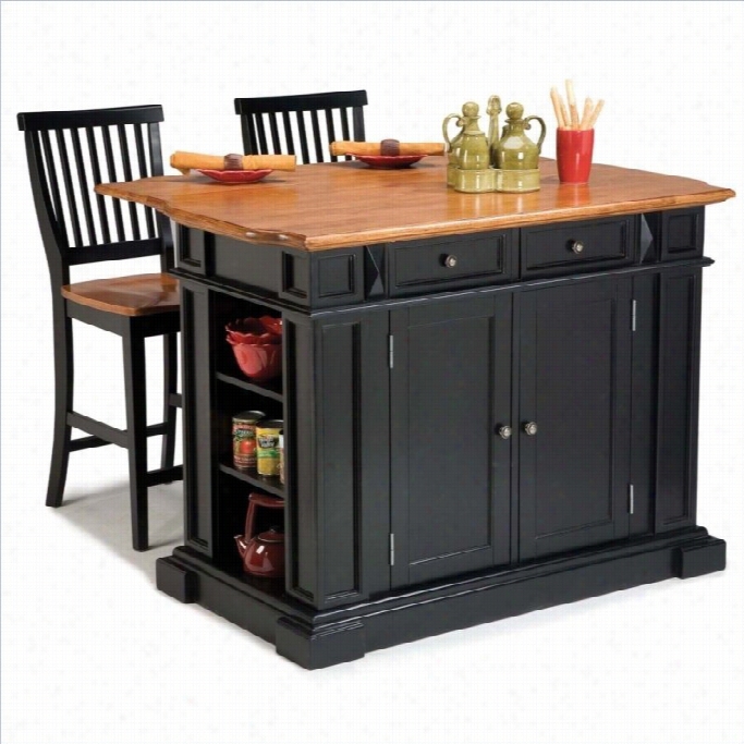 Hme Styles Kitchen Islan D And Stools In Black And Distressed Oak