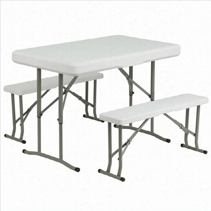 Flash Furniture Plastic Folding Table And Benches In White