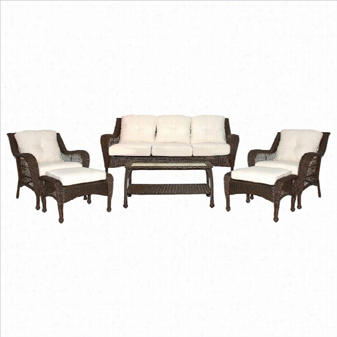 Jeco 6pc Wixker Seating Set In Espresso With Tan Cushions