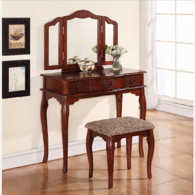 Poundex Bobkona Susana Mirror Vanity Table With Stool Set In Cherry