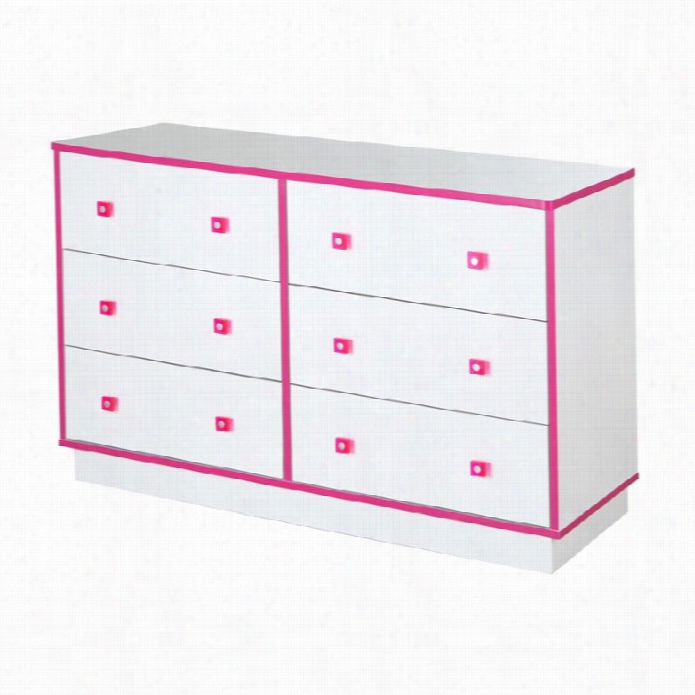 South Shore Logiik 6 Drawer Wood Double Dresser In White And Pink