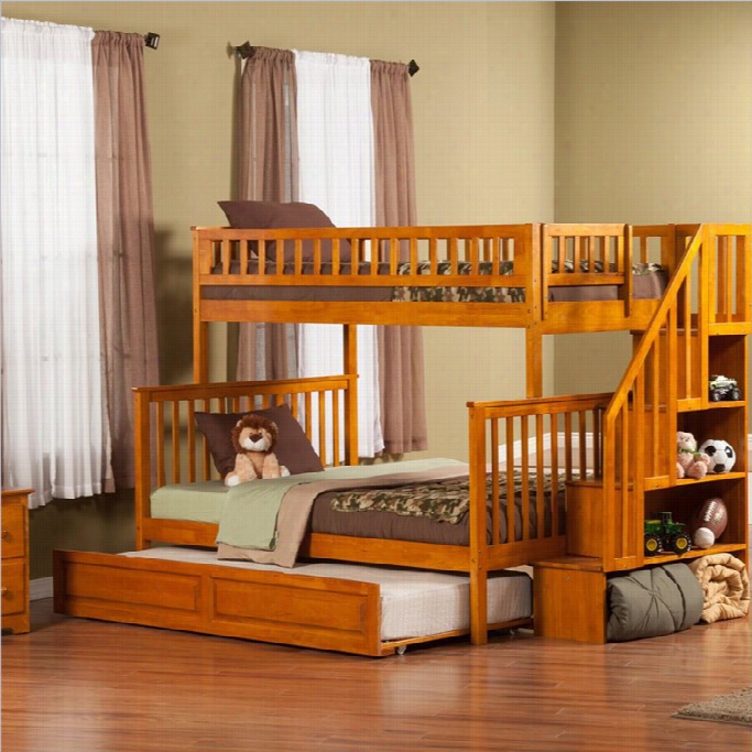 Woodland Stair Bunk Bed With Doubled Raised Panel Trundlee Bbed In Caramel-twin Over Twin