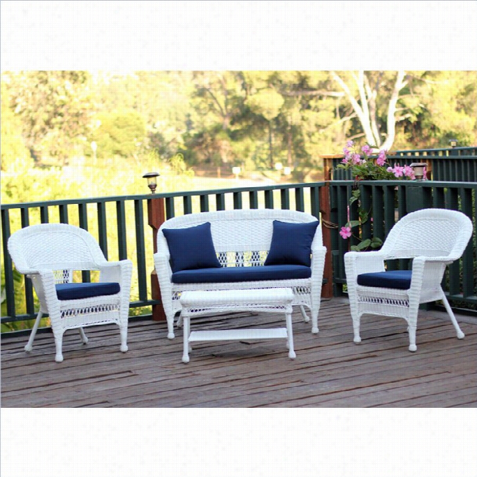 Jeco 4pc Wicker Conversation Set In White With Navy Blue Cushi Ons