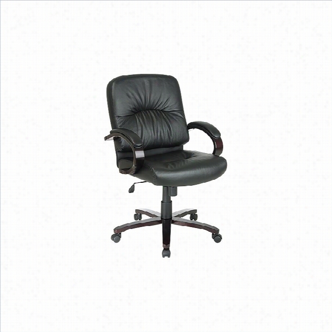 Office Star Dark Mid Back Executtive Leather Ofice Chair With Mahoany Finish Wood Base And Arms