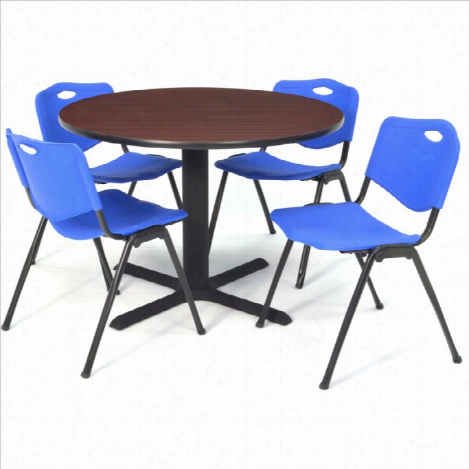 Regency Rou Nd Lunchroom Table And  4blue M Stack Chairs In Mahogany