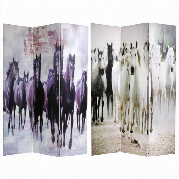 Oriental Furniture 6' Tall Horses 3 Anel Room Divider In Multicolor