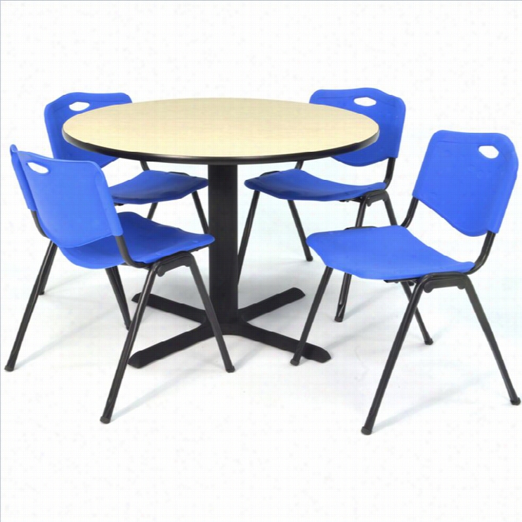 Regency Round Lunchroom Table And 4 Blue M Stack Chairs In Maple