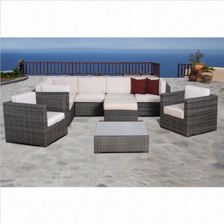 Southampton 9 Pc Wicker Seating Set With Off White Cushions In Gre Y